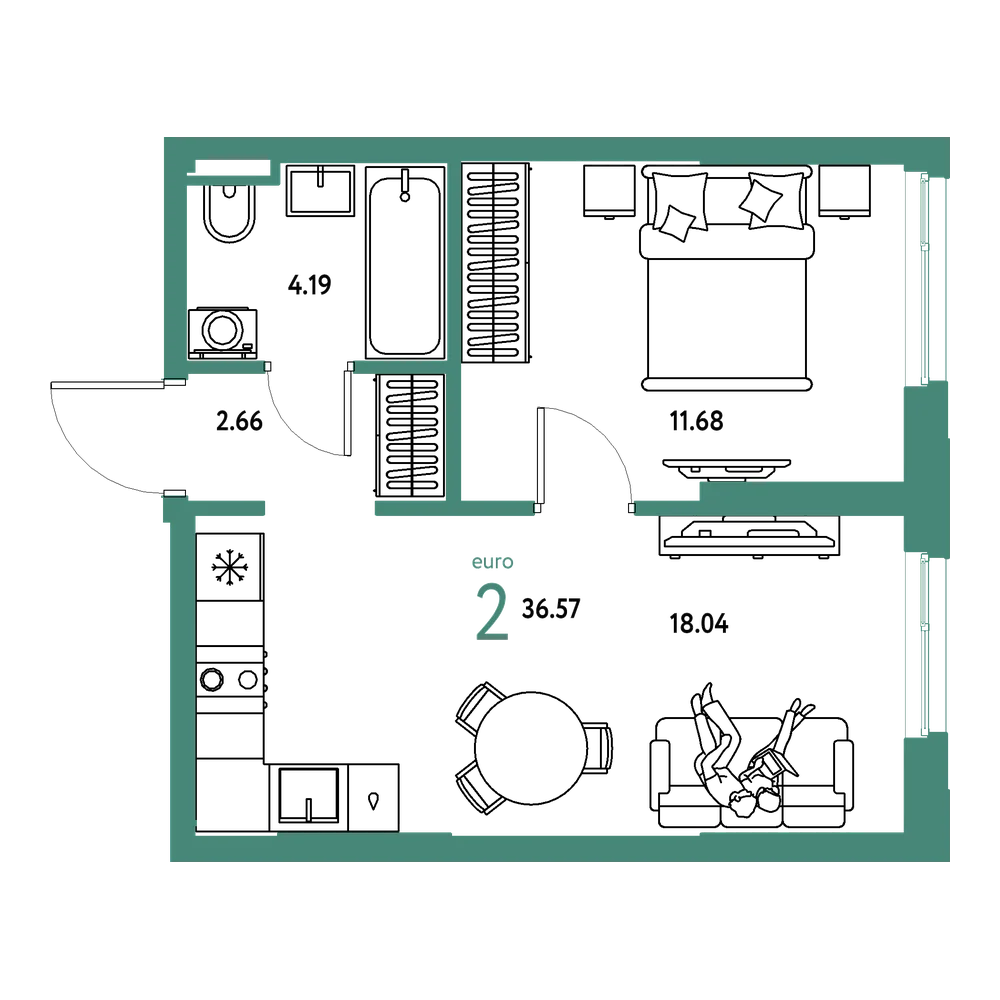 Планировка: Евродвушка 36,57 м²