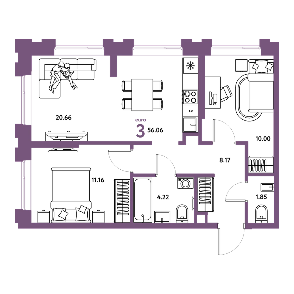 Планировка: Евротрёшка 56,06 м²