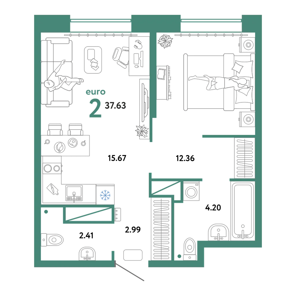 Планировка: Евродвушка 37,63 м²