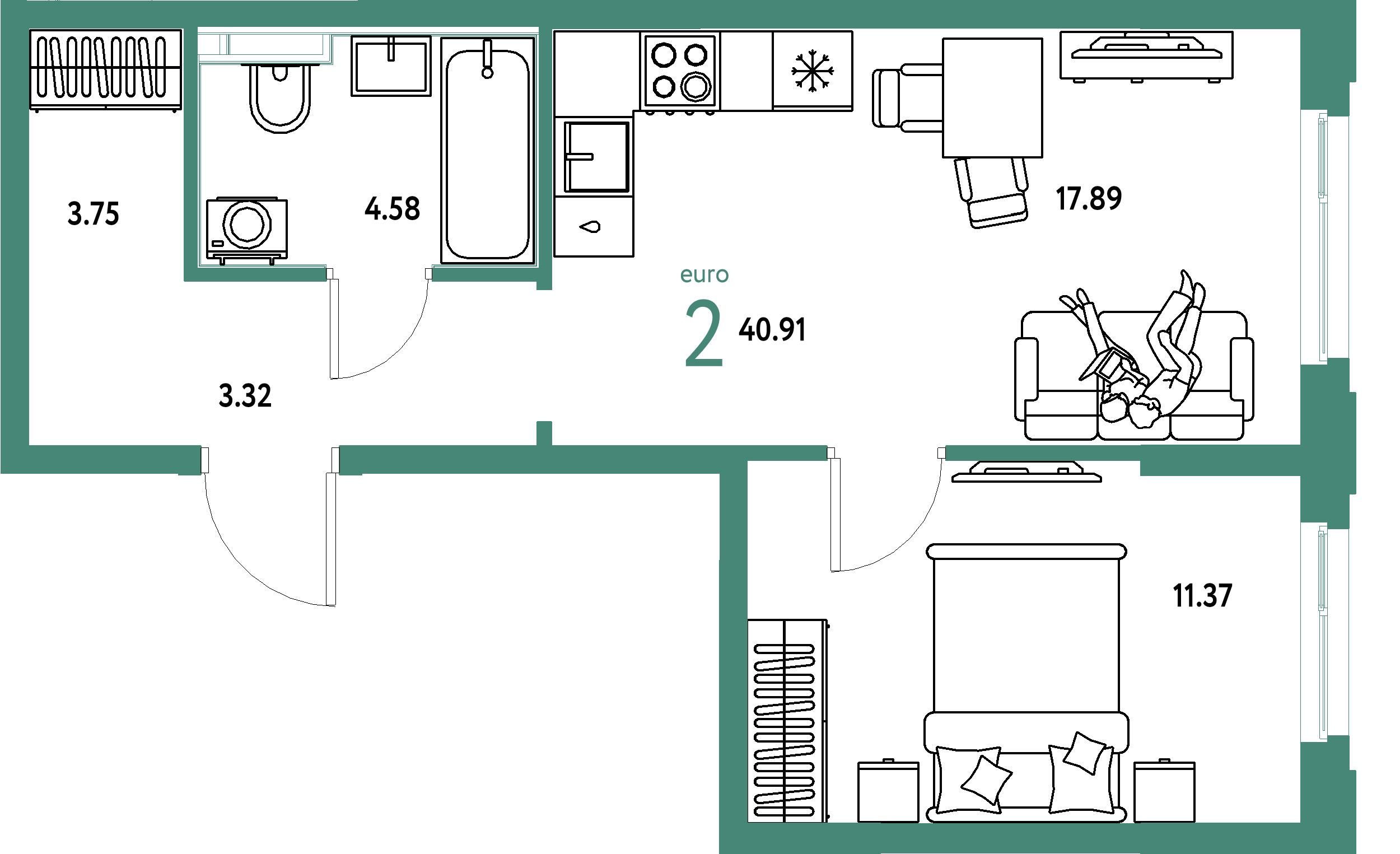 Планировка: Евродвушка 40,91 м² в ЖК «Сердце Сибири»