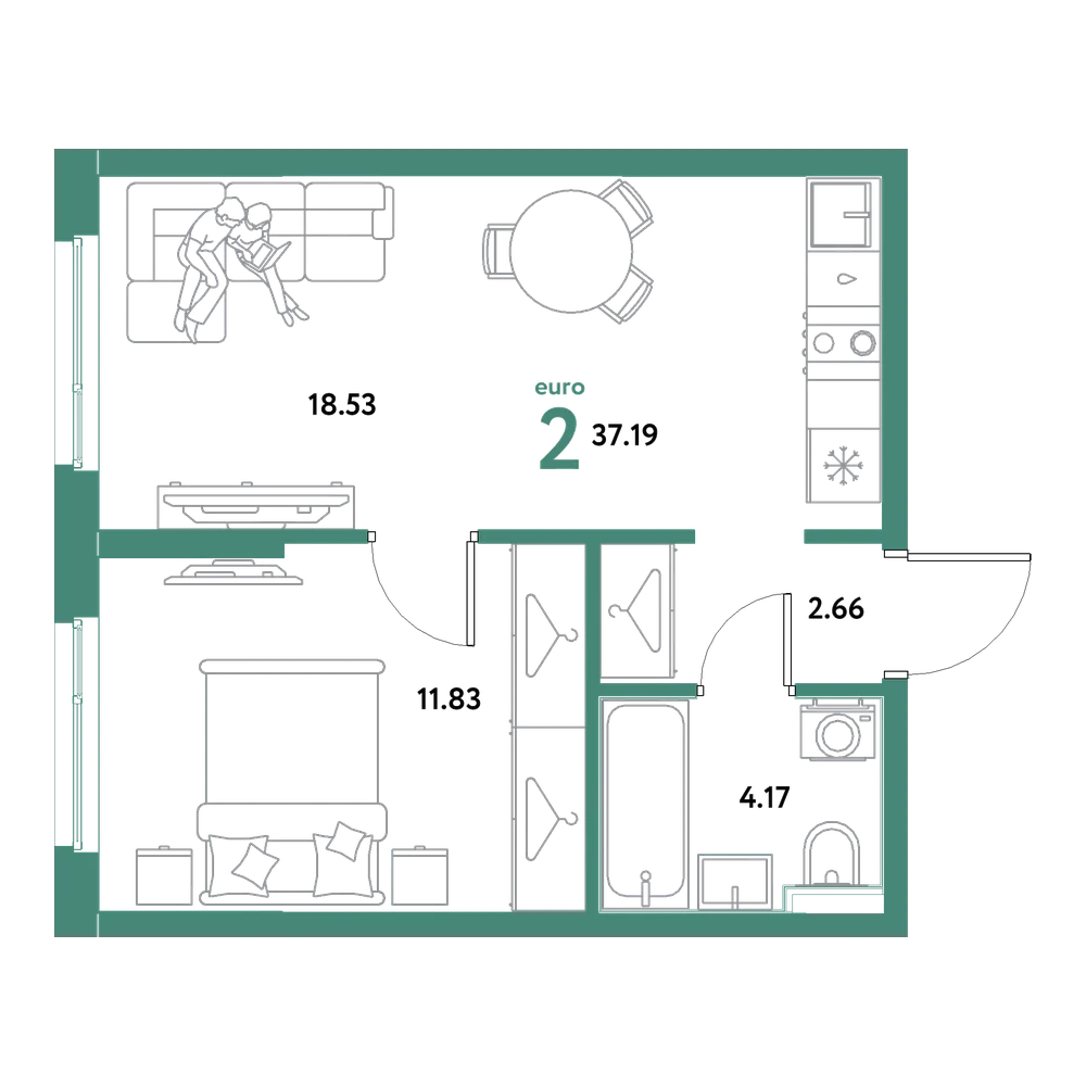 Планировка: Евродвушка 37,19 м²