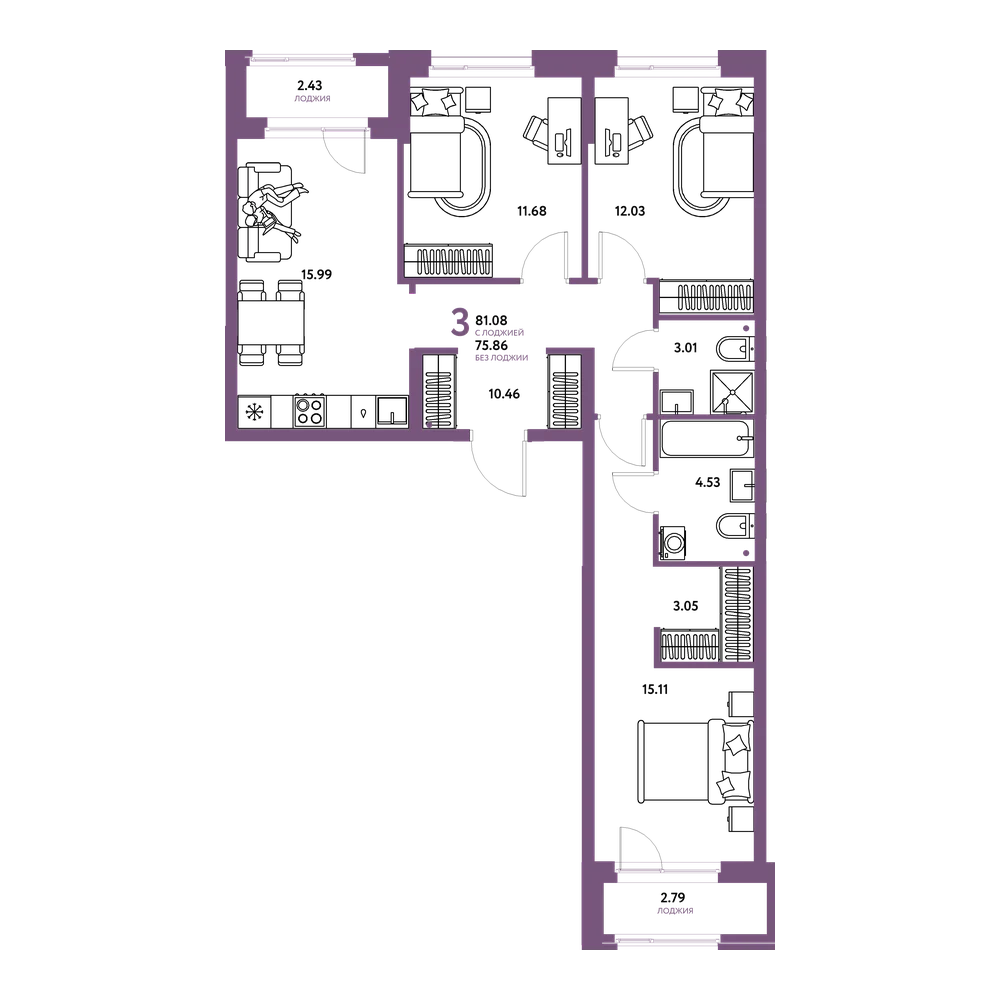 Планировка: 3-комнатная 81,08 м²