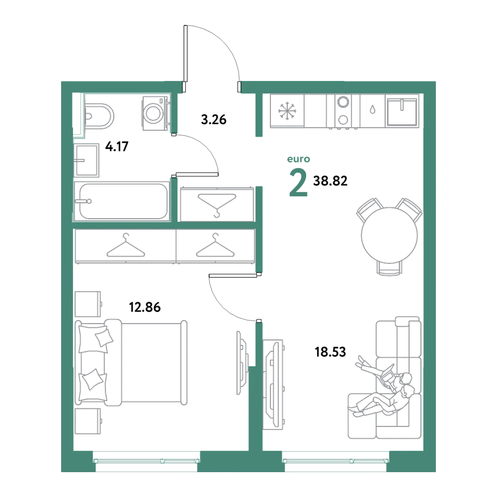 Планировка: Евродвушка 38,82 м²