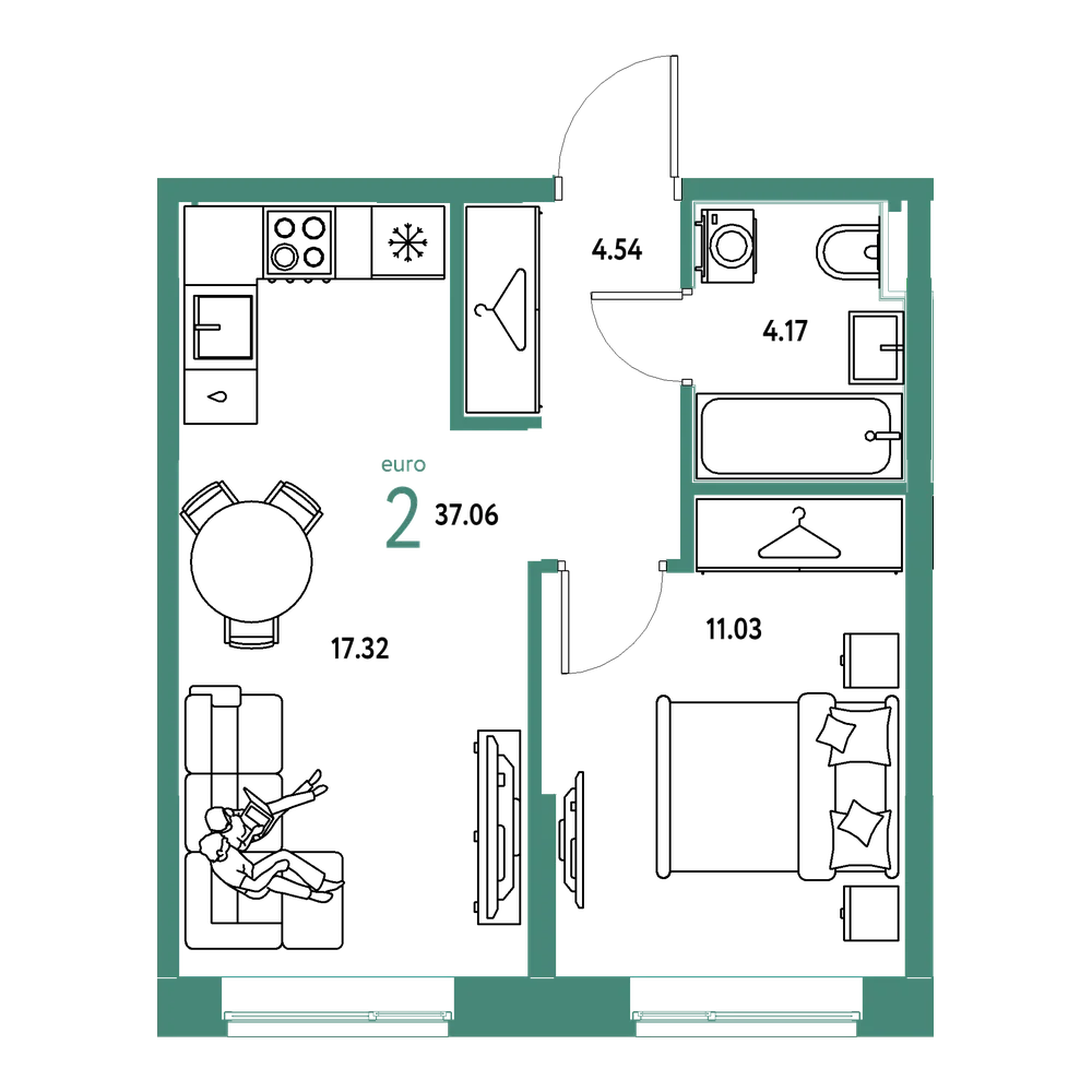 Планировка: Евродвушка 37,06 м²