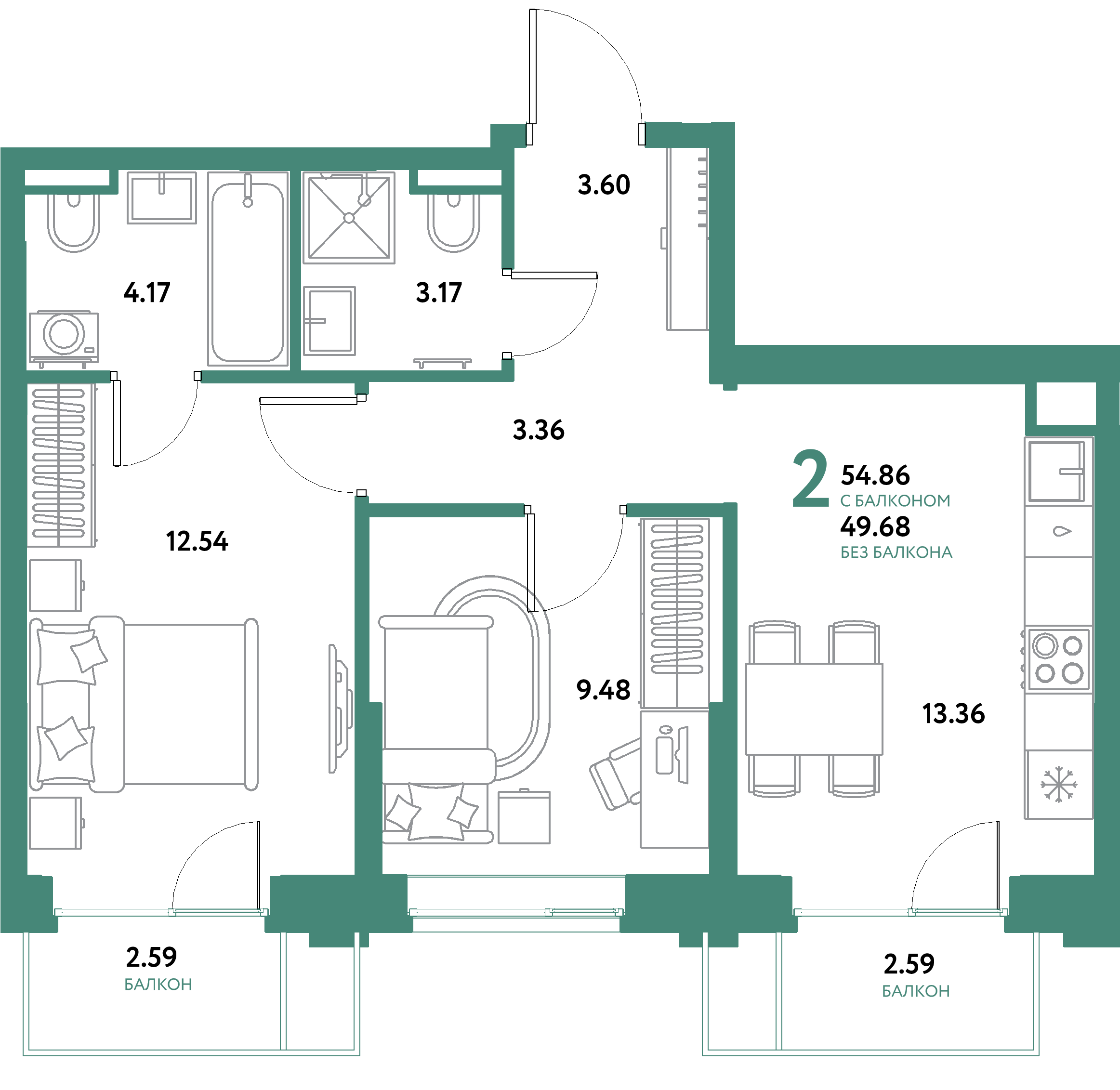 Планировка: 2-комнатная 54,86 м² в ЖК «Остров-сад»