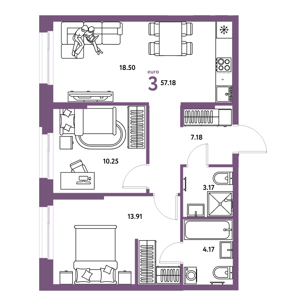 Планировка: Евротрёшка 57,18 м²