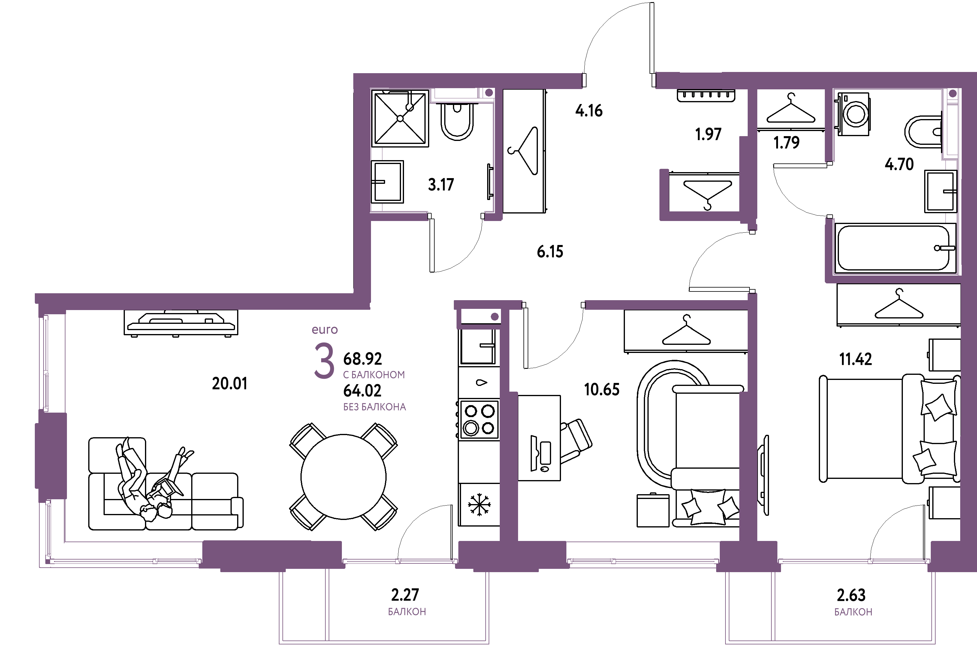 Планировка: Евротрёшка 68,92 м² в ЖК «Страна.Прибрежная»