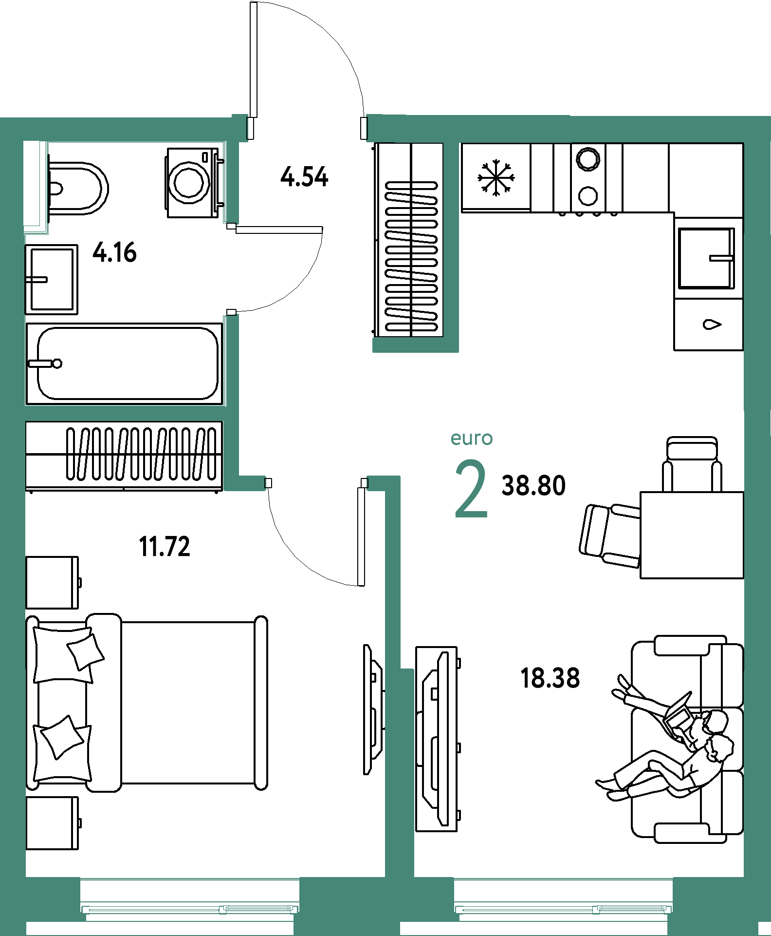 Планировка: Евродвушка 38,8 м² в ЖК «Остров-сад»