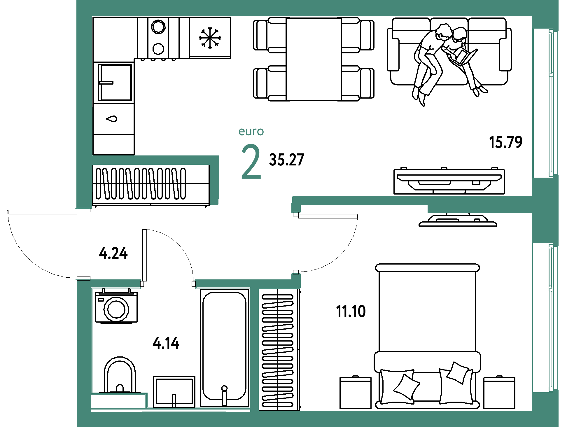Планировка: Евродвушка 35,27 м² в ЖК «Остров-сад»
