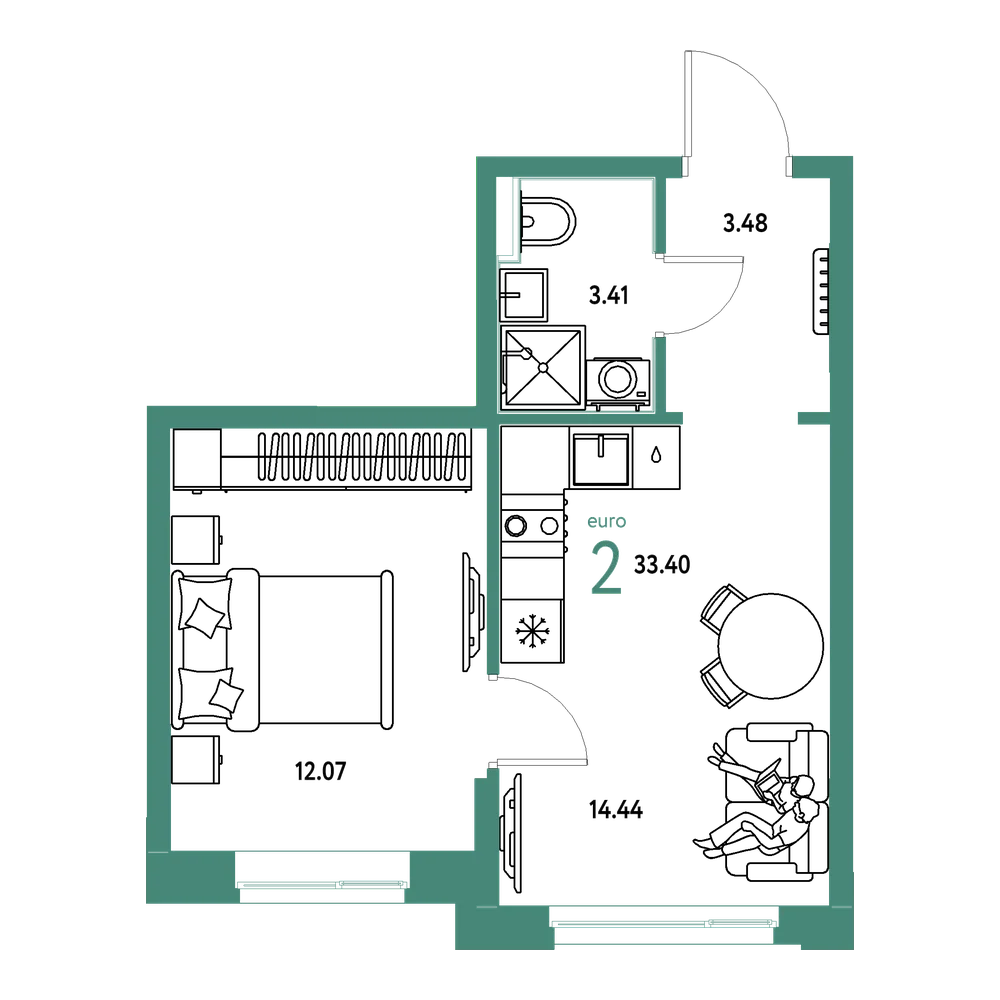 Планировка: Евродвушка 33,4 м²