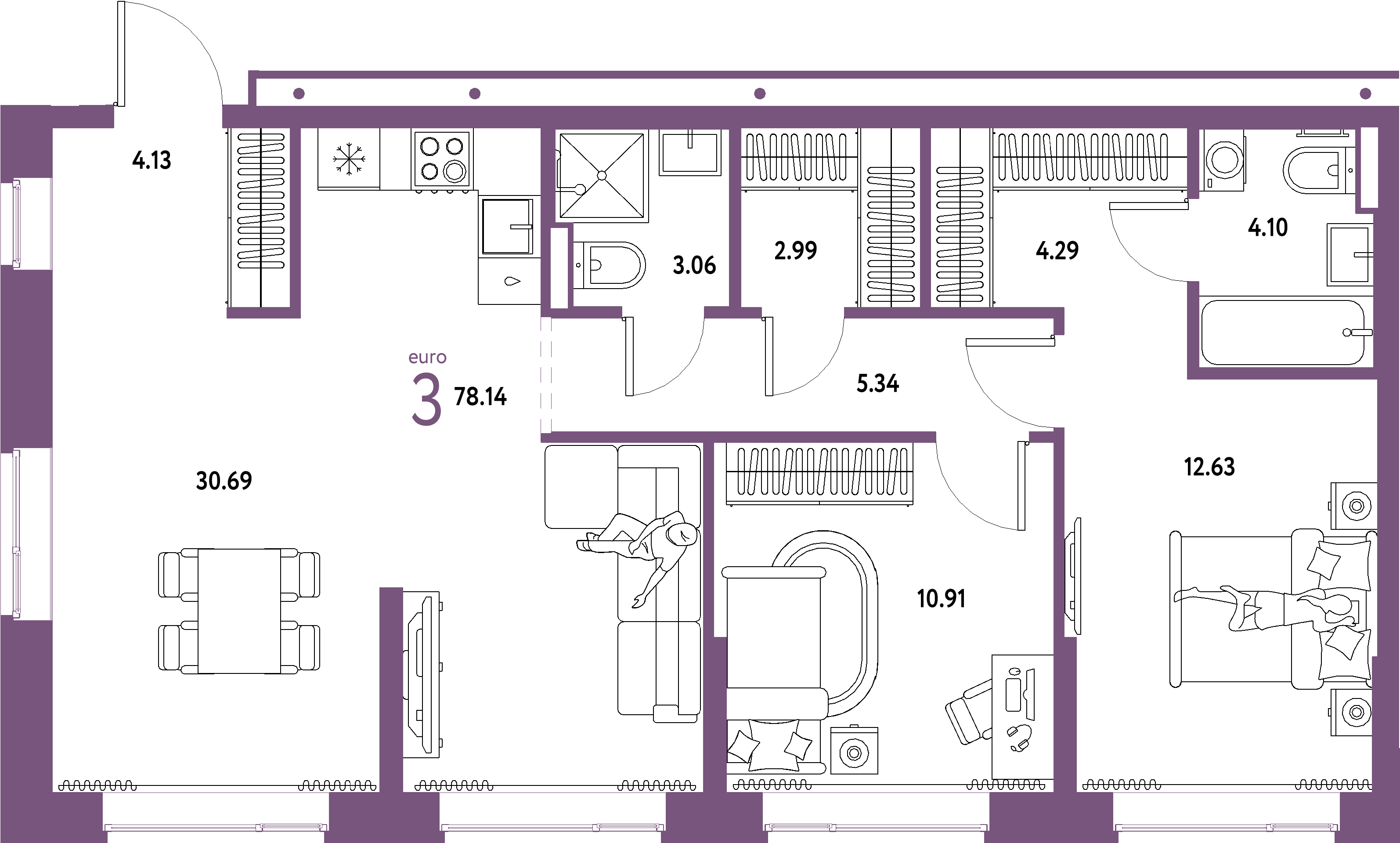 Планировка: Евротрёшка 78,14 м² в ЖК «Домашний»