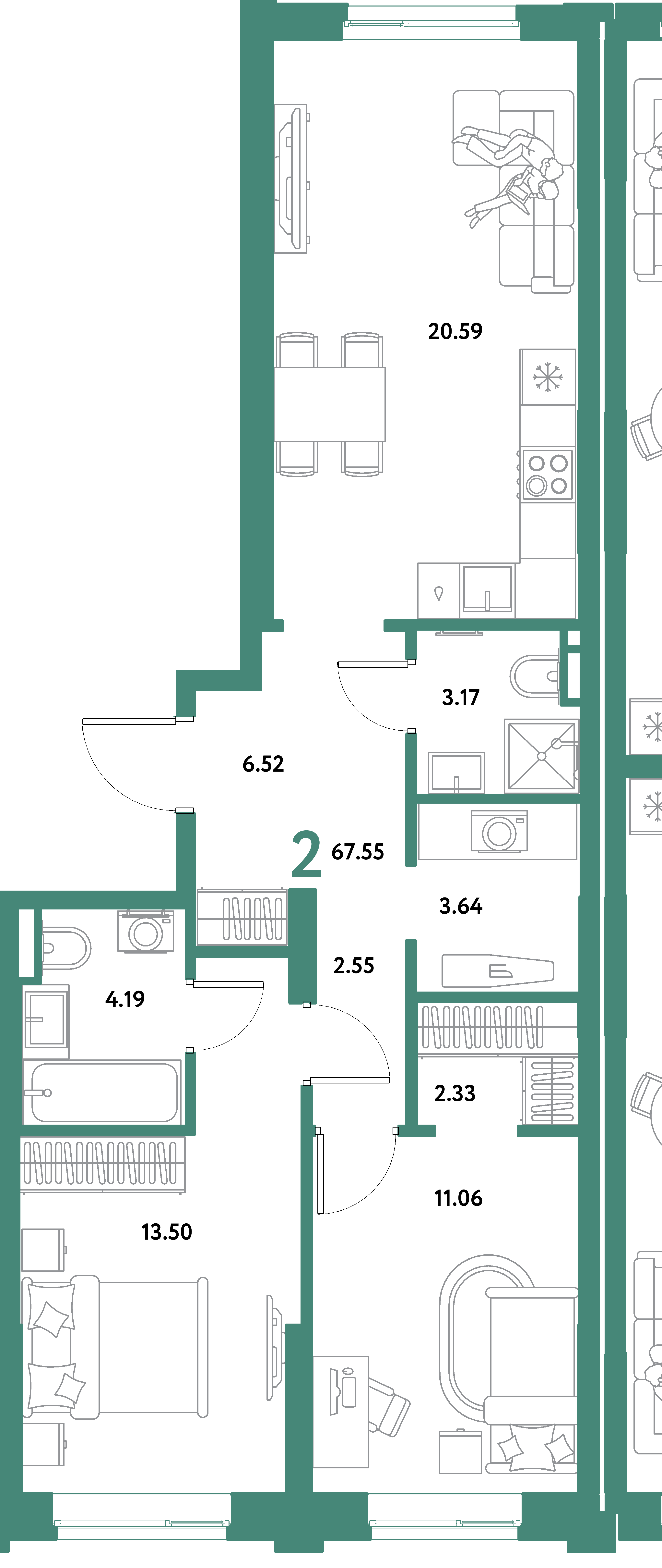 Планировка: 2-комнатная 67,55 м² в ЖК «Остров-сад»