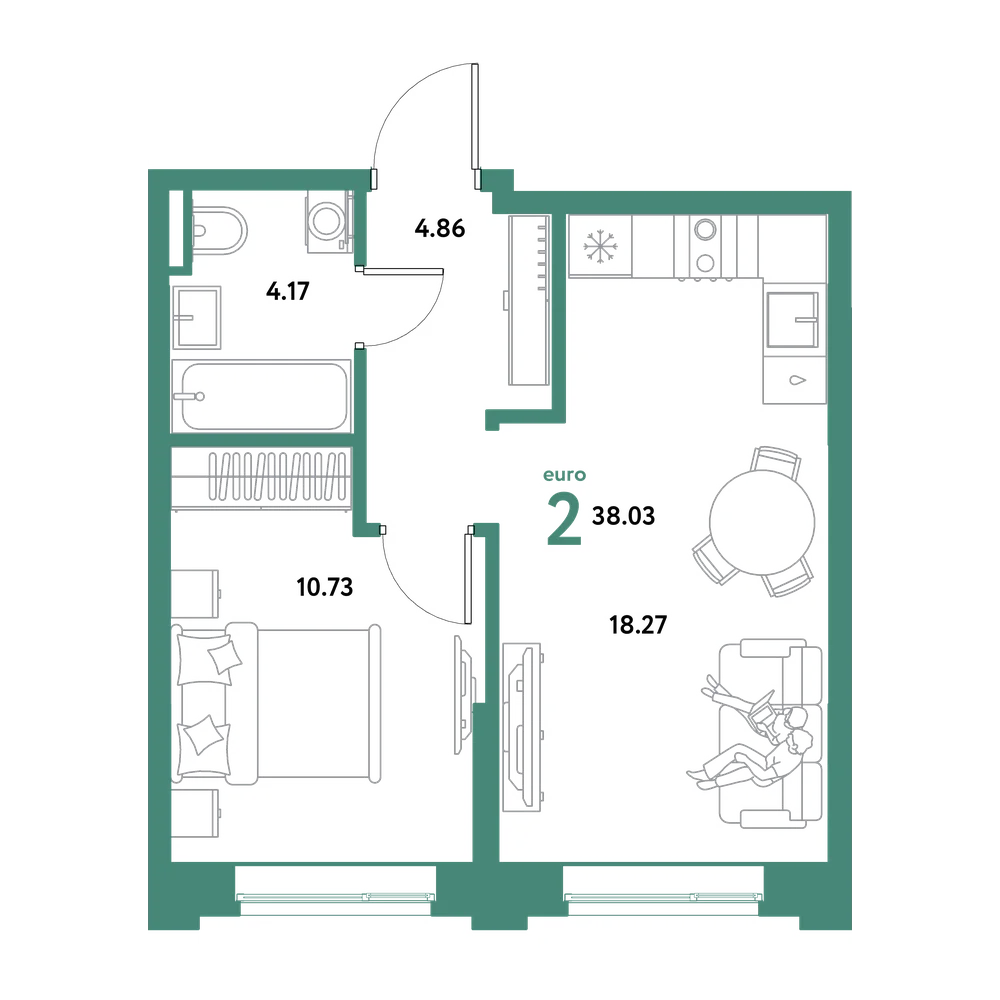 Планировка: Евродвушка 38,03 м²