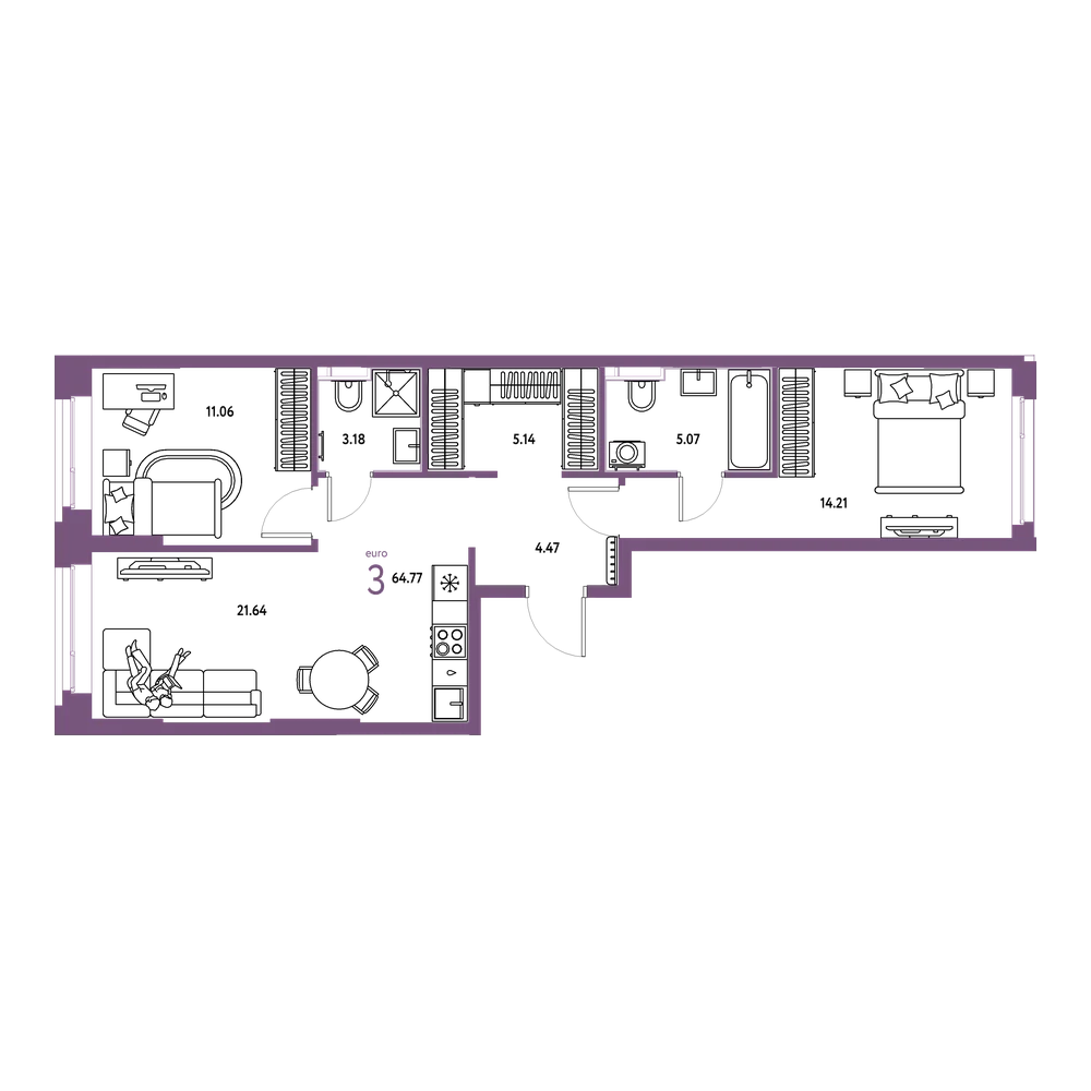 Планировка: Евротрёшка 64,77 м²