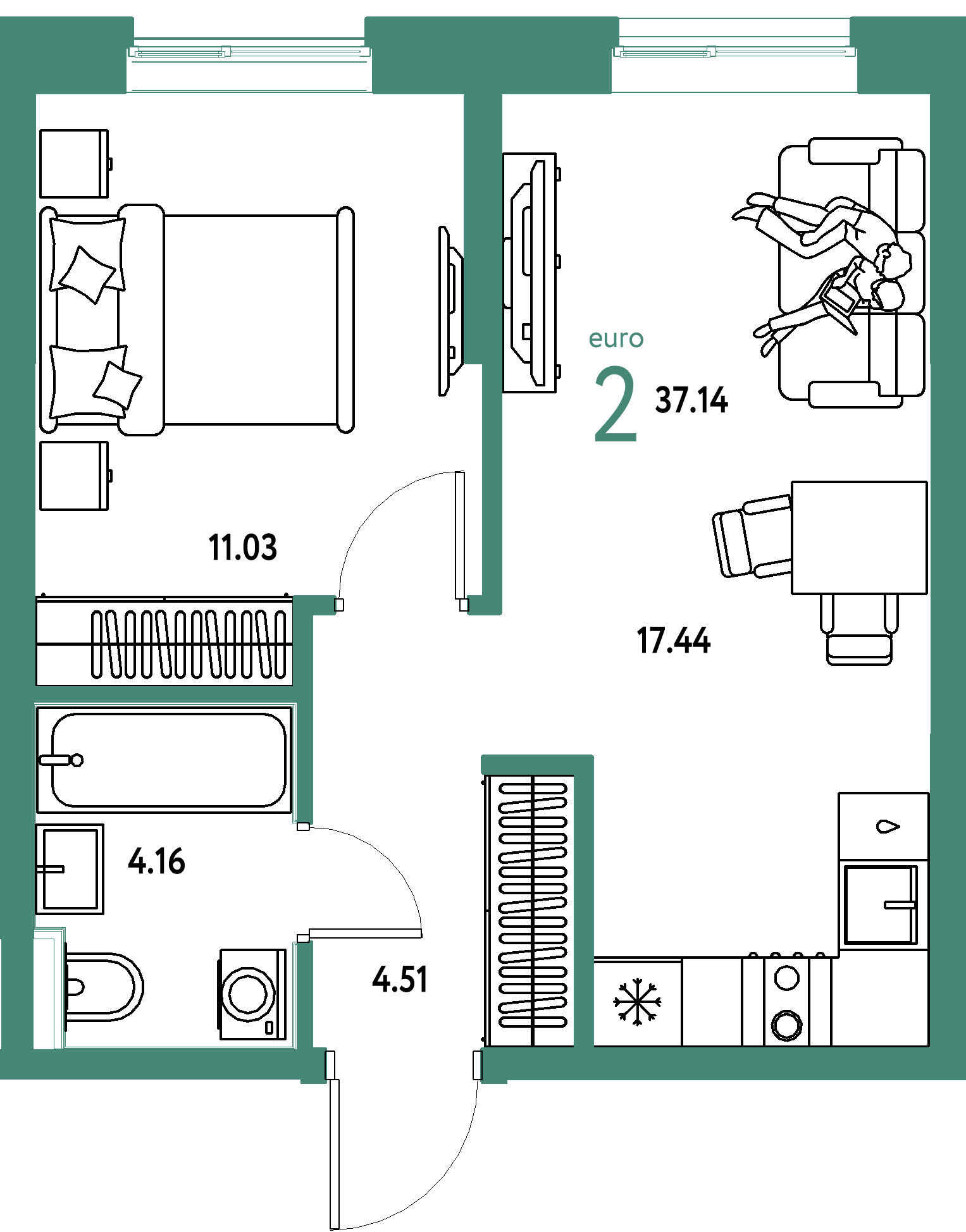 Планировка: Евродвушка 37,14 м² в ЖК «Остров-сад»