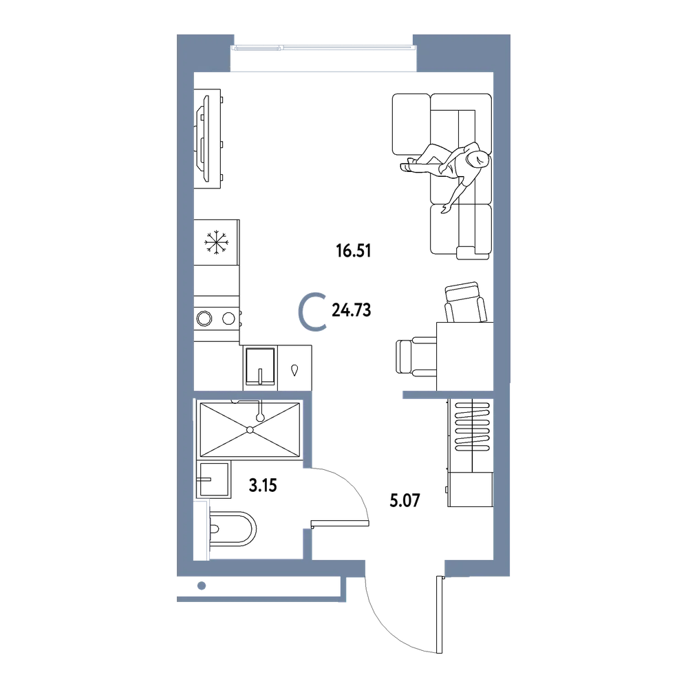 Планировка: Студия 24,73 м²