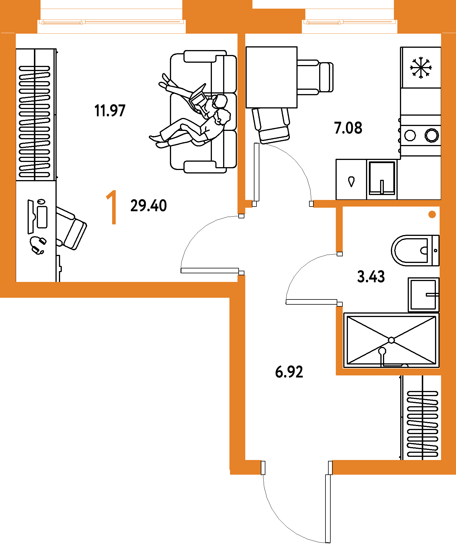 Планировка: 1-комнатная 29,4 м² в ЖК «Домашний»