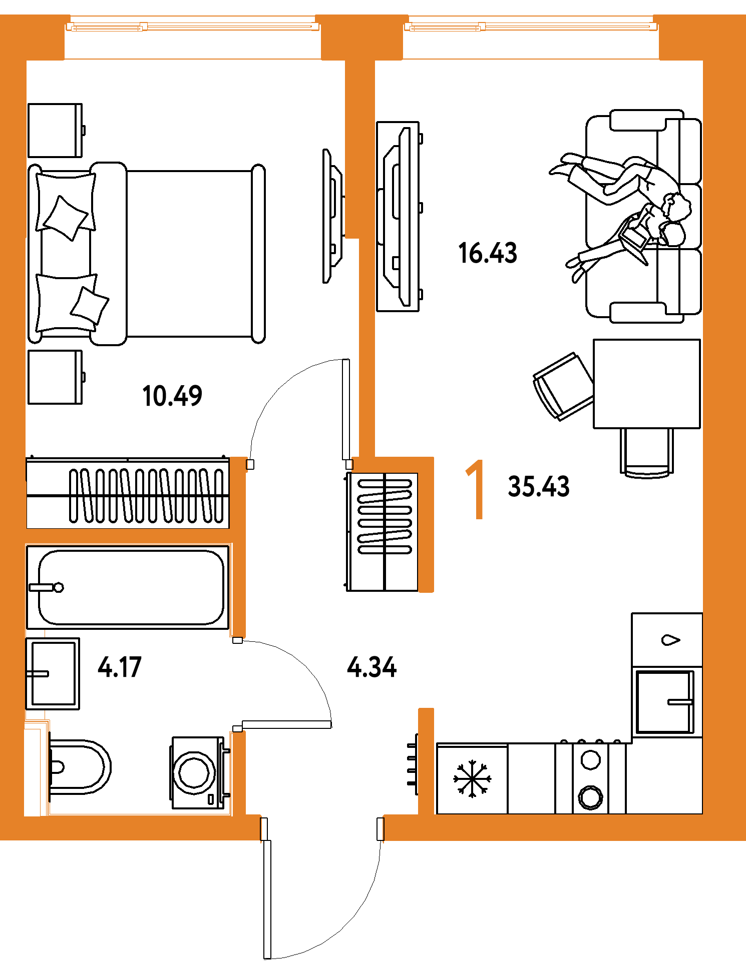 Планировка: 1-комнатная 35,43 м² в ЖК «Остров-сад»