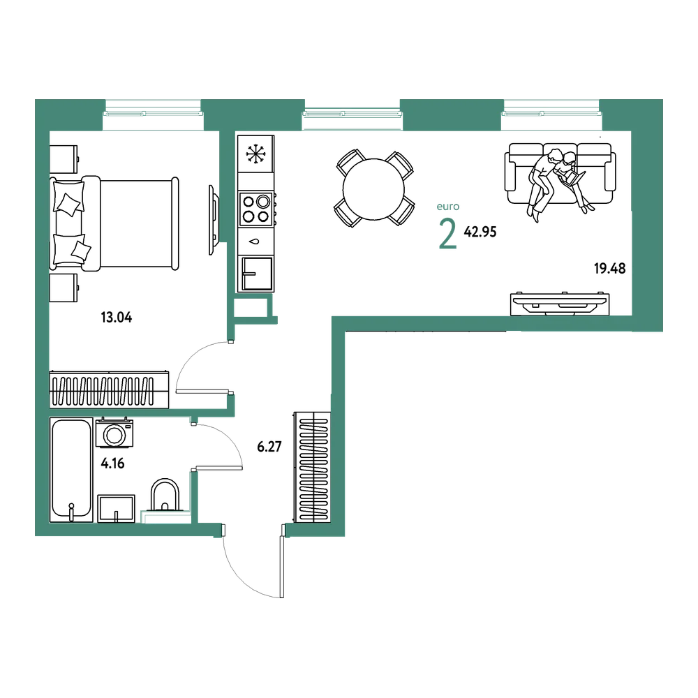 Планировка: Евродвушка 42,97 м²