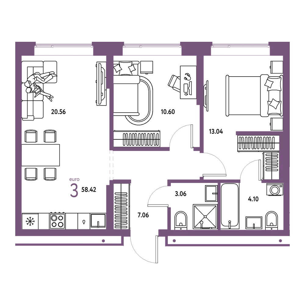Планировка: Евротрёшка 58,42 м²