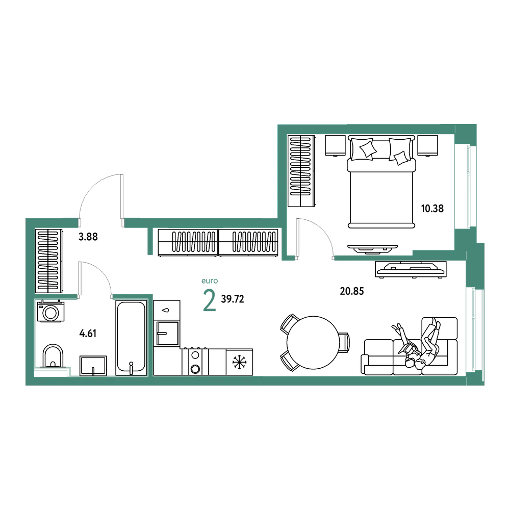 Планировка: Евродвушка 39,72 м²