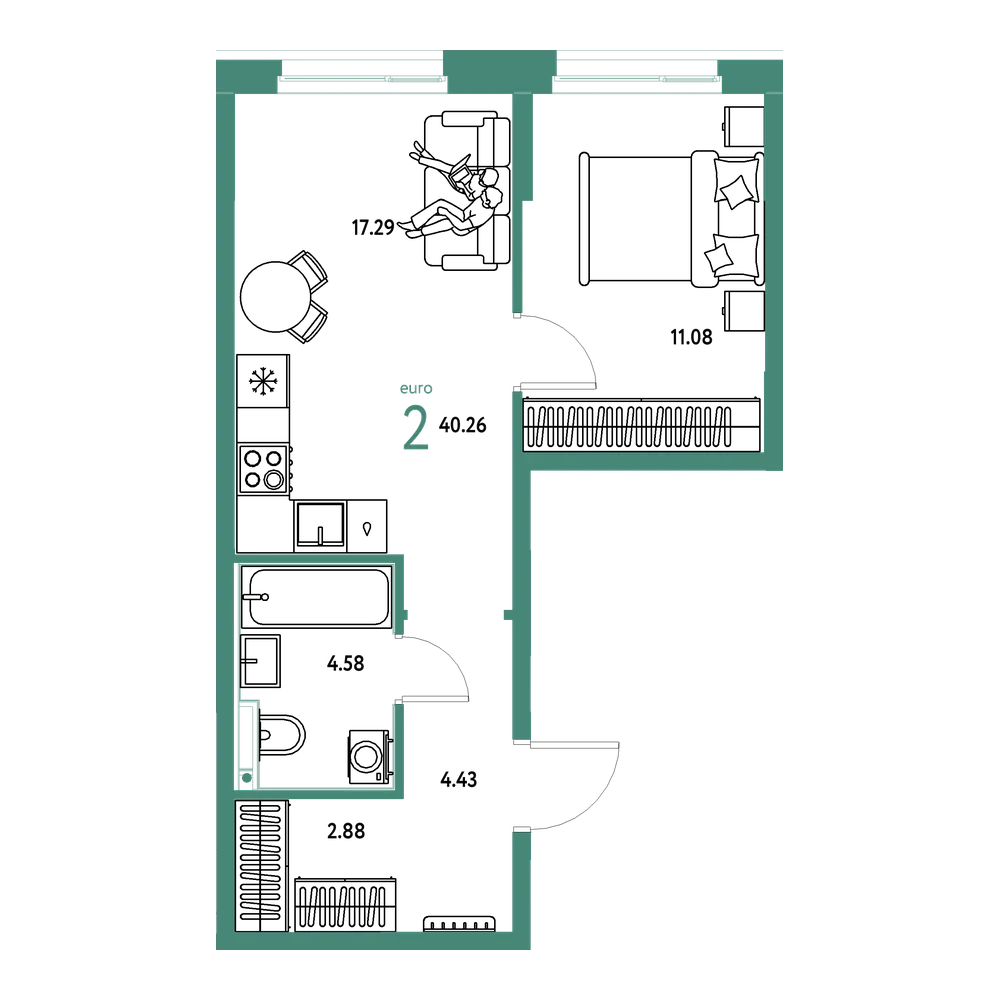 Планировка: Евродвушка 40,26 м²