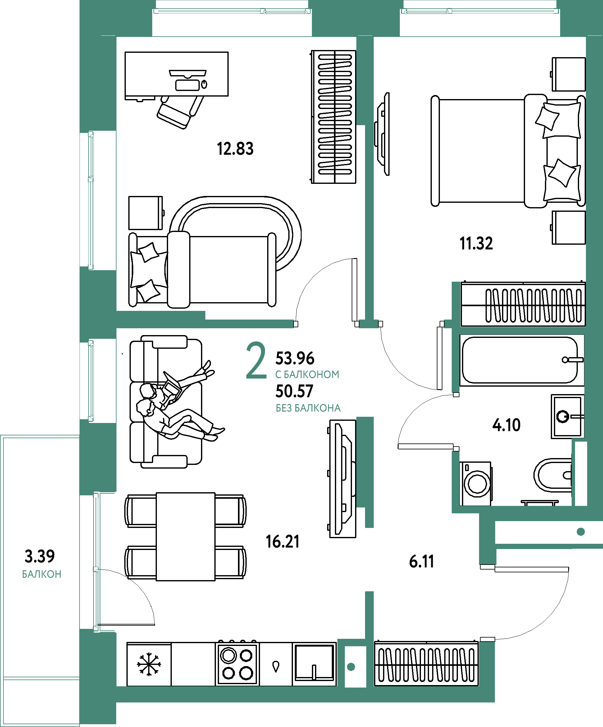 Планировка: 2-комнатная 53,96 м² в ЖК «Авторский»
