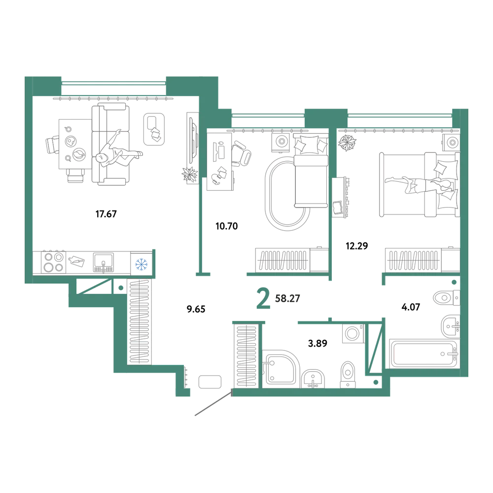 Планировка: 2-комнатная 58,27 м²