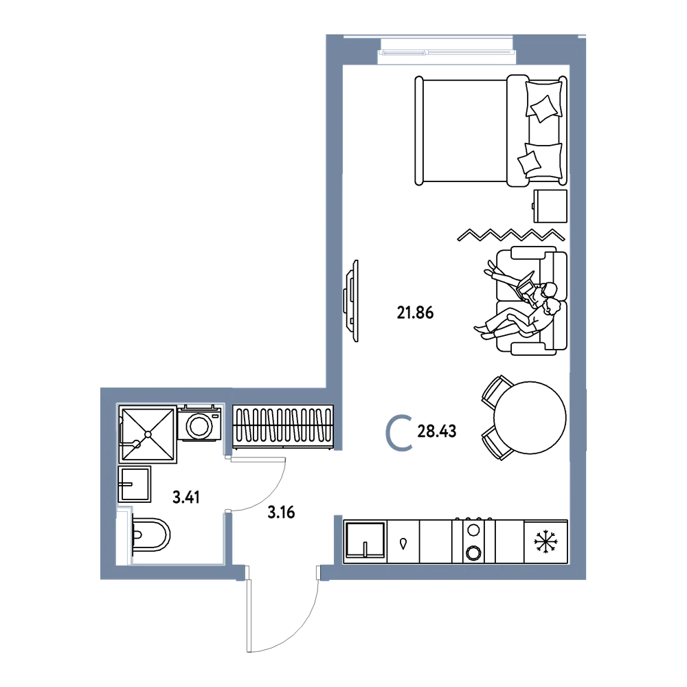 Планировка: Студия 28,43 м²