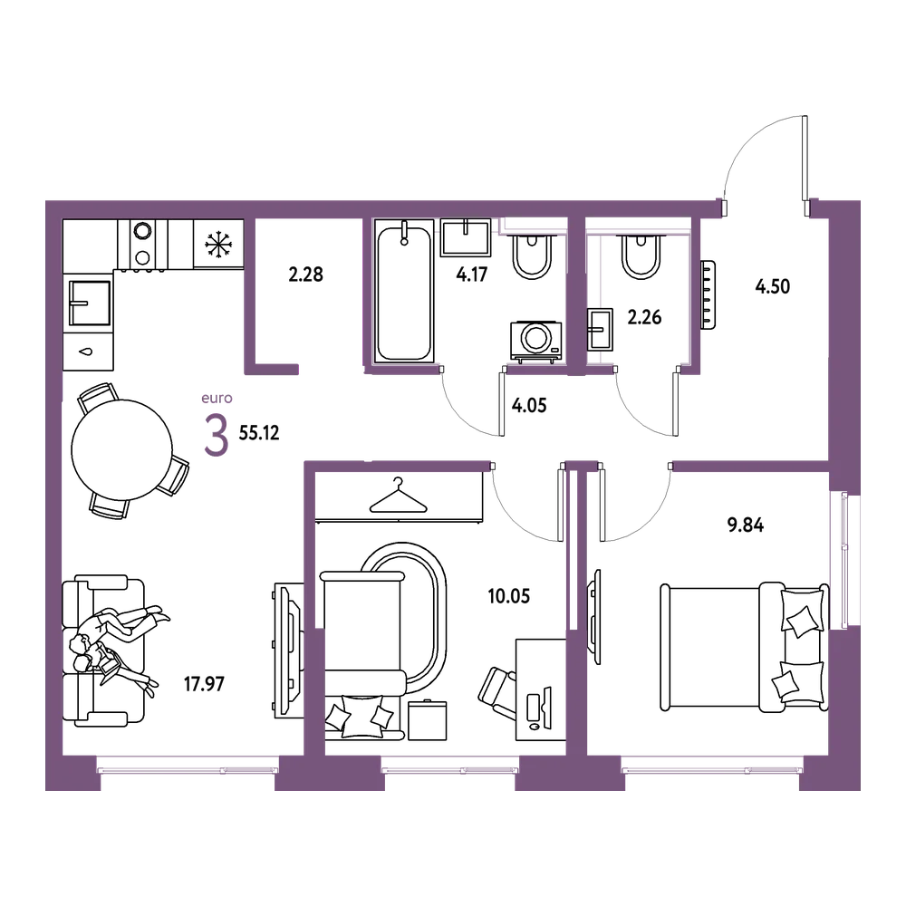 Планировка: Евротрёшка 55,12 м²