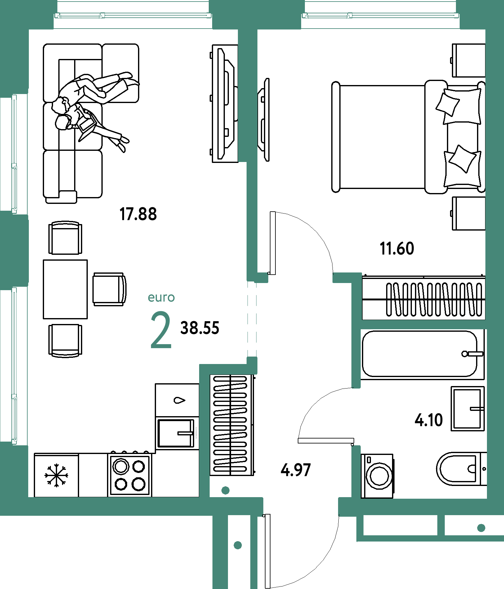 Планировка: Евродвушка 38,55 м² в ЖК «Домашний»