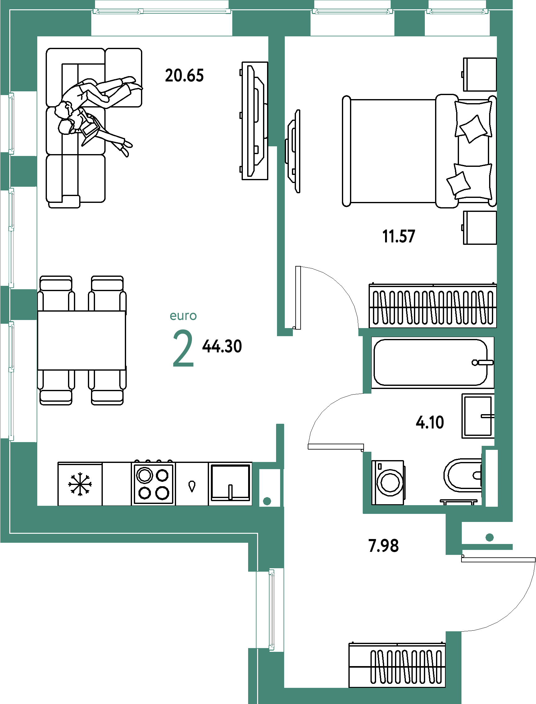 Планировка: Евродвушка 44,3 м² в ЖК «Домашний»