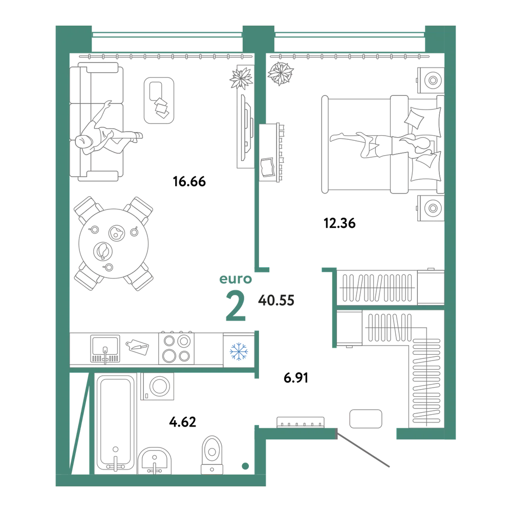 Планировка: Евродвушка 40,55 м²