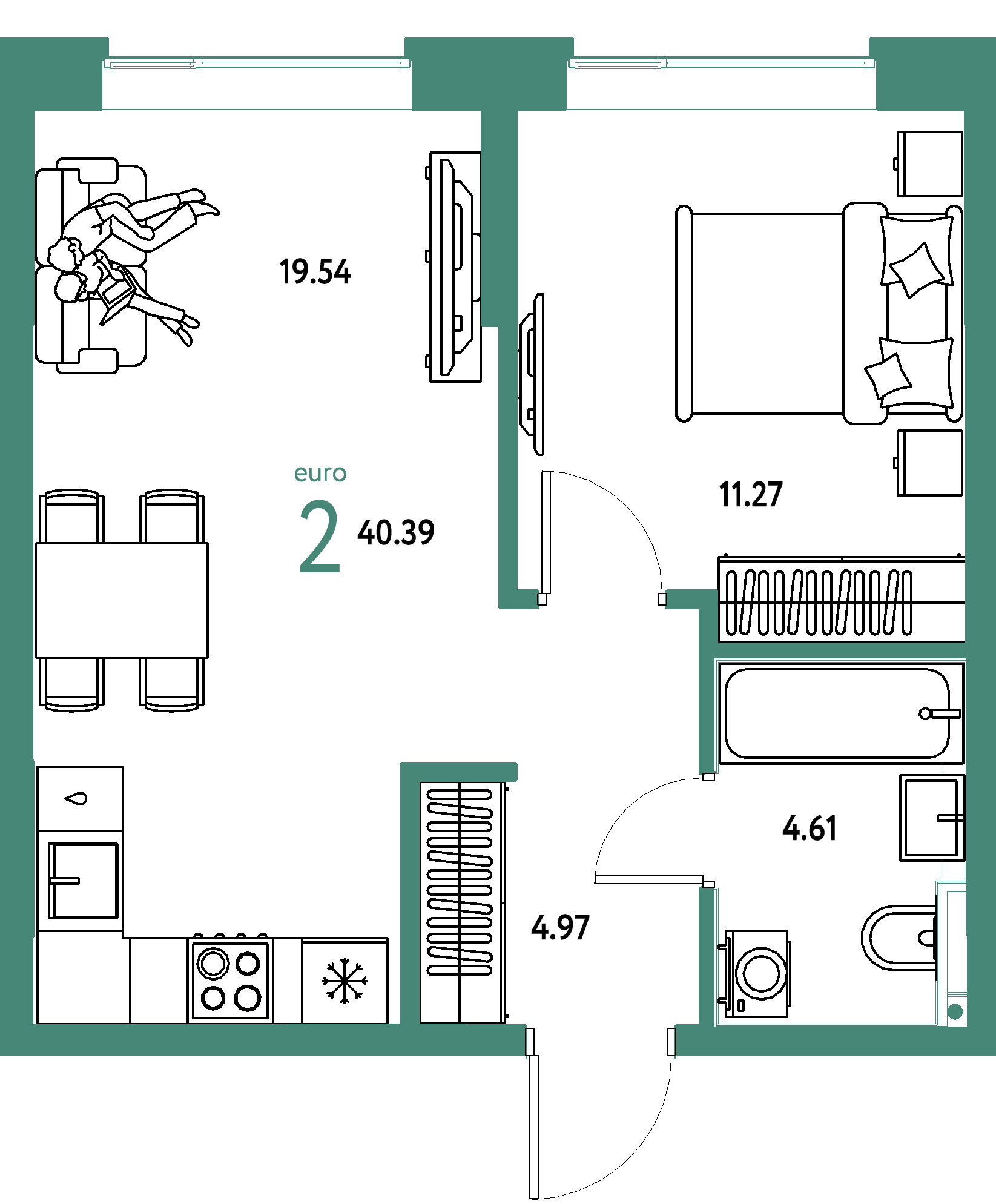 Планировка: Евродвушка 40,39 м² в ЖК «Остров-сад»