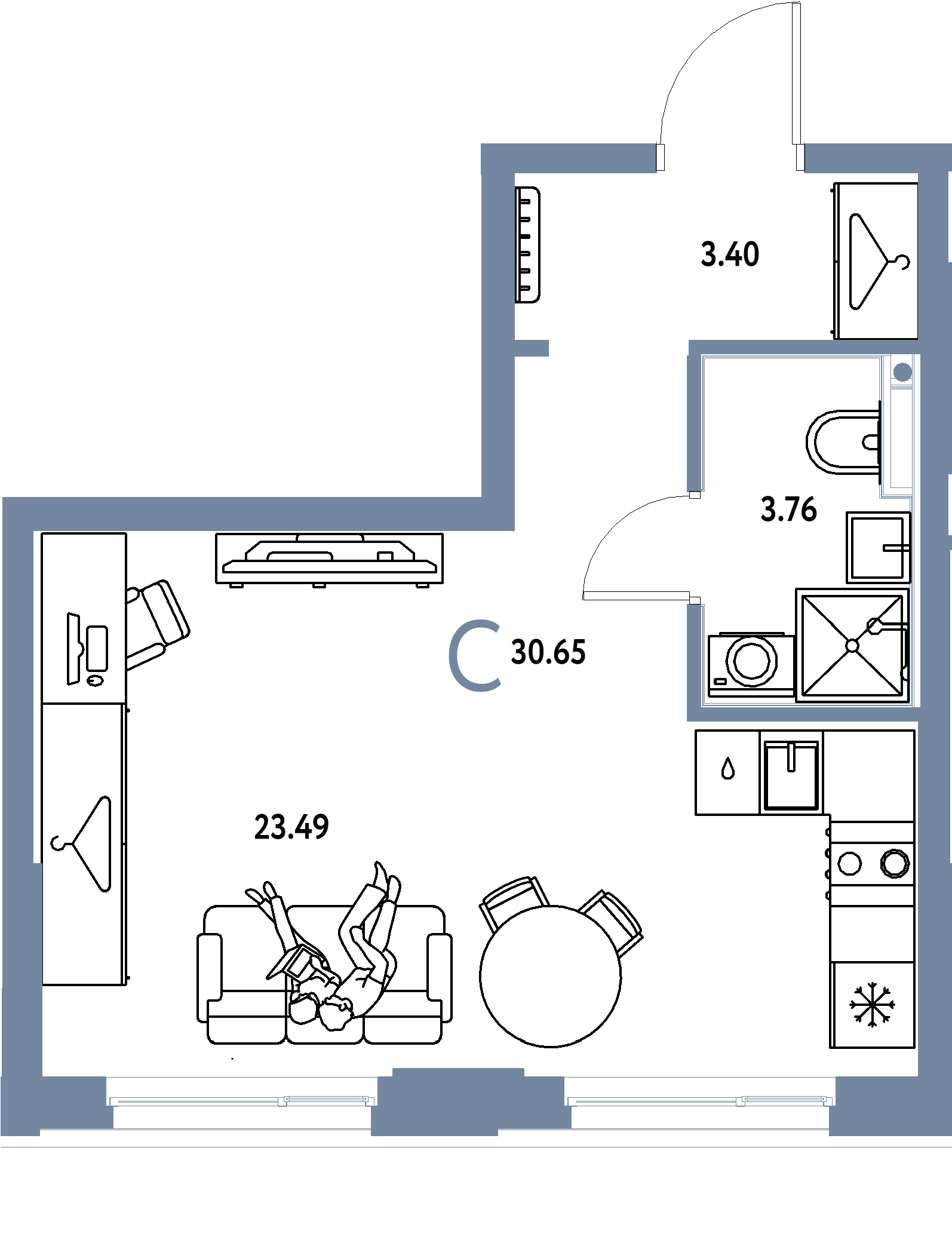 Планировка: Студия 30,65 м² в ЖК «Европейский берег 2.0»