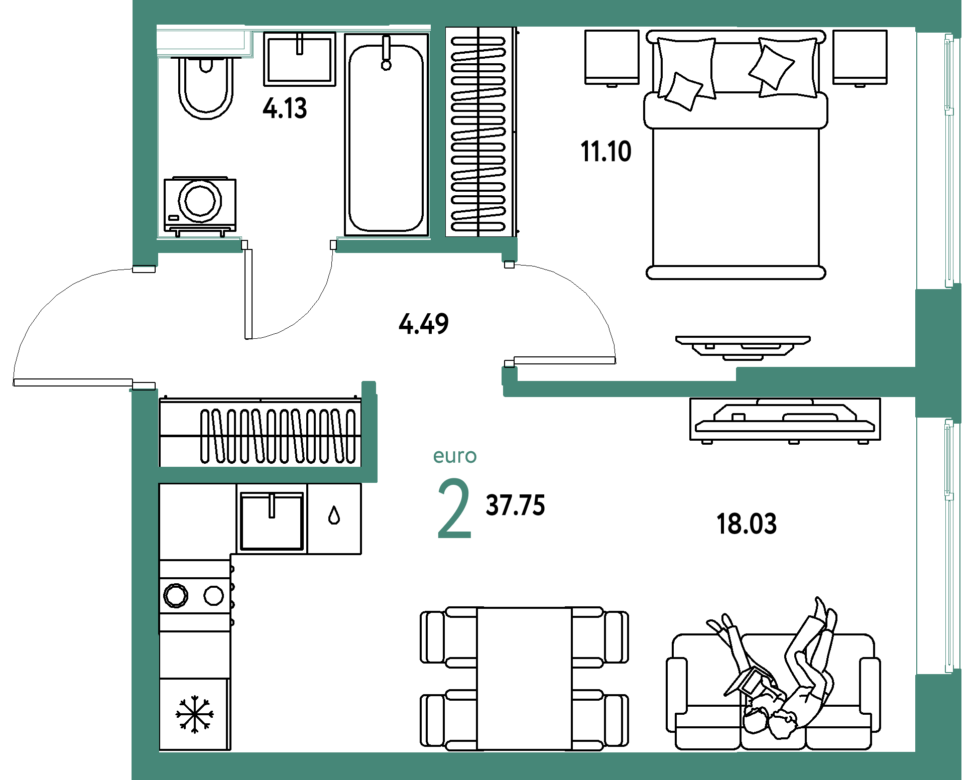 Планировка: Евродвушка 37,75 м² в ЖК «Остров-сад»