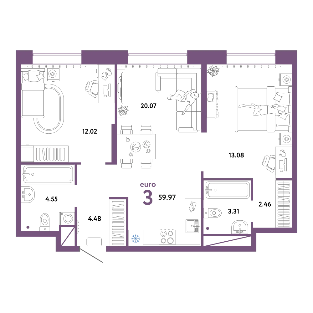 Планировка: Евротрёшка 59,97 м²