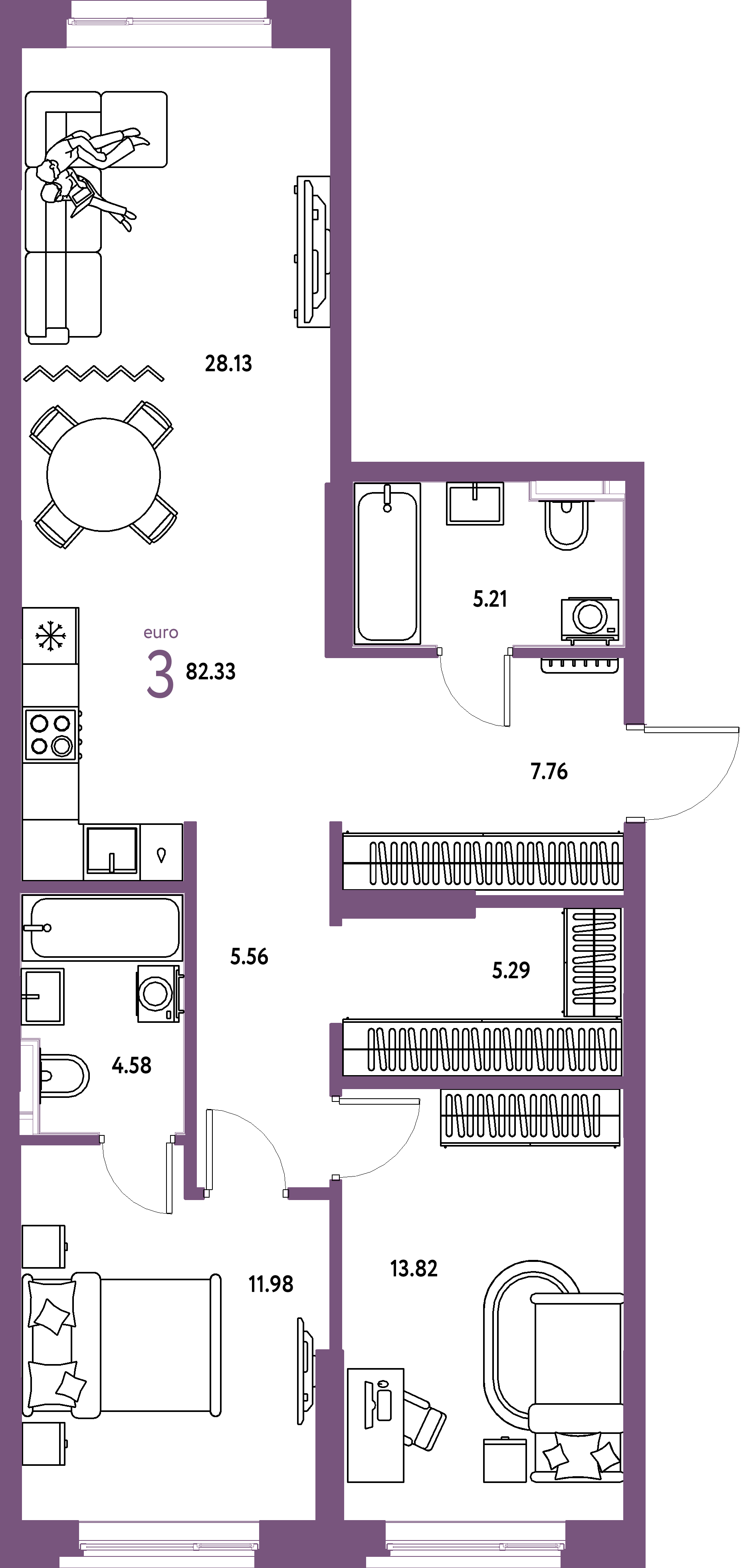 Планировка: Евротрёшка 82,35 м² в ЖК «Остров-сад»