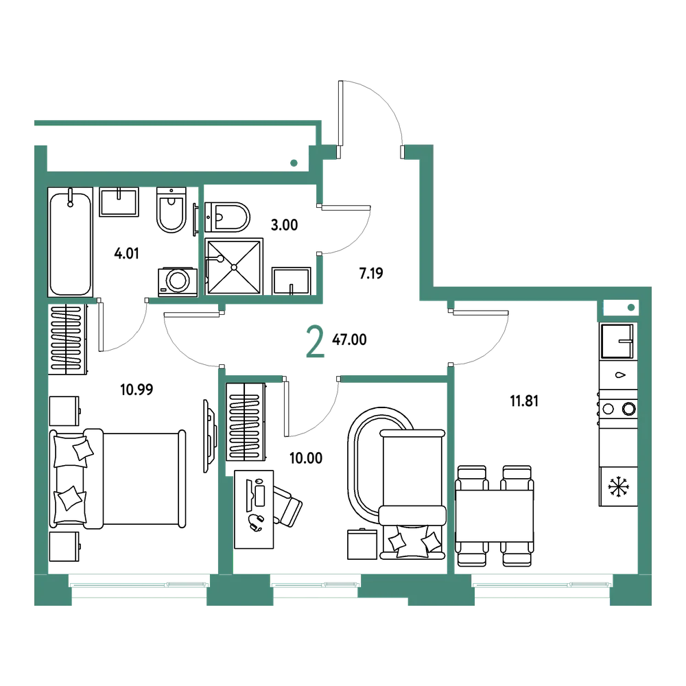 Планировка: 2-комнатная 47 м²