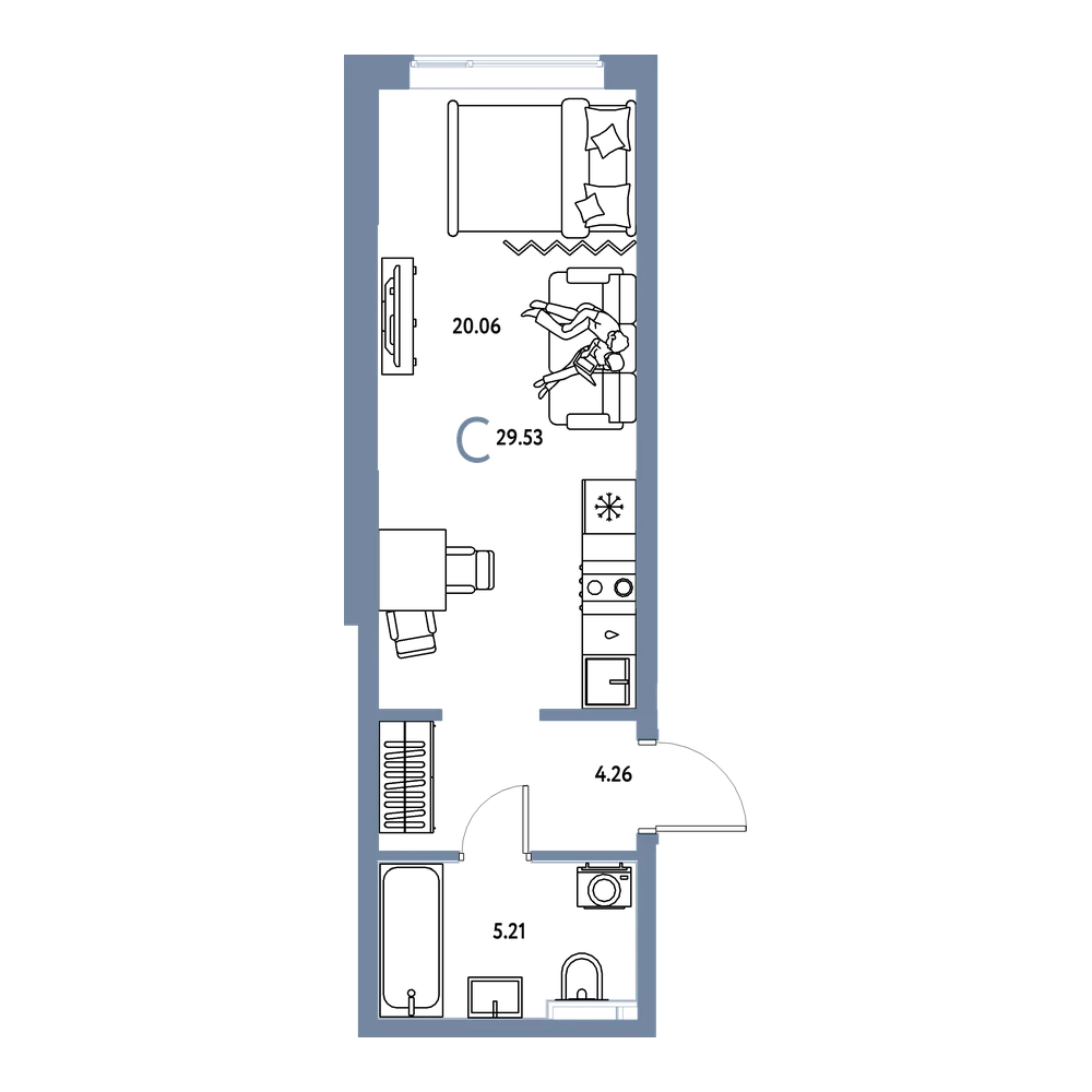 Планировка: Студия 29,53 м²