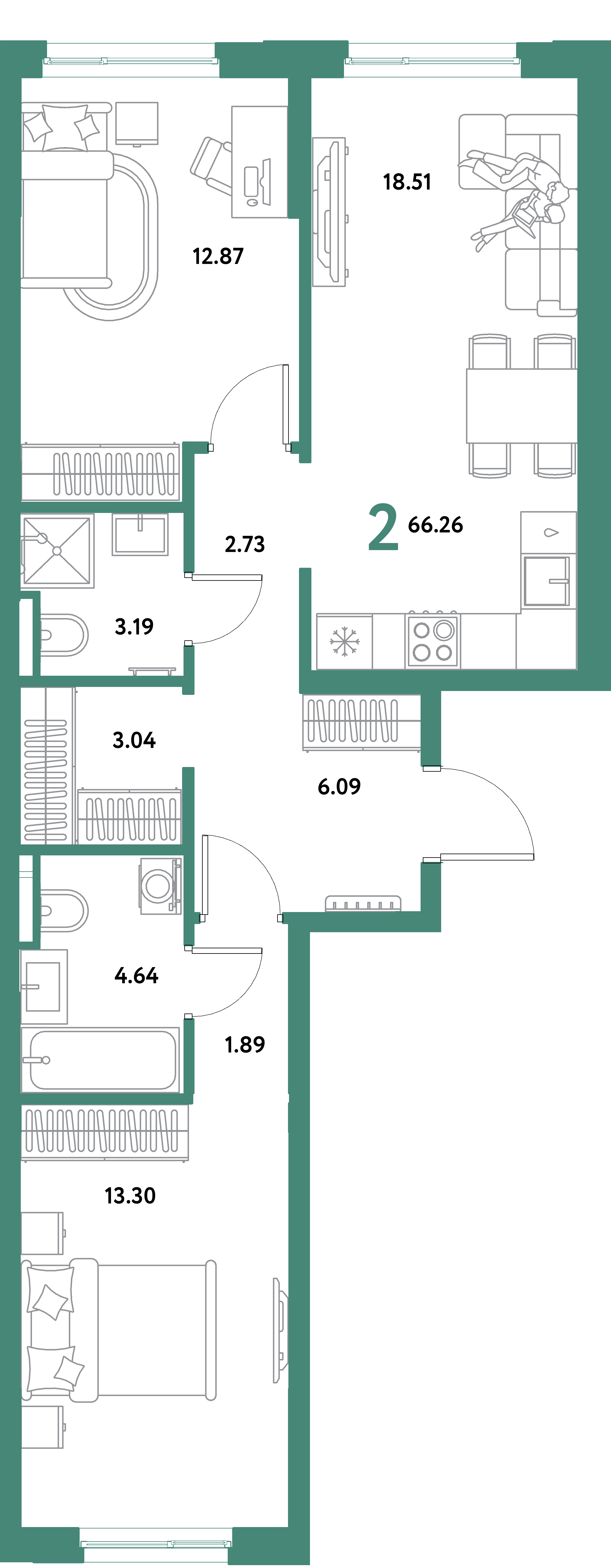 Планировка: 2-комнатная 66,26 м² в ЖК «Остров-сад»