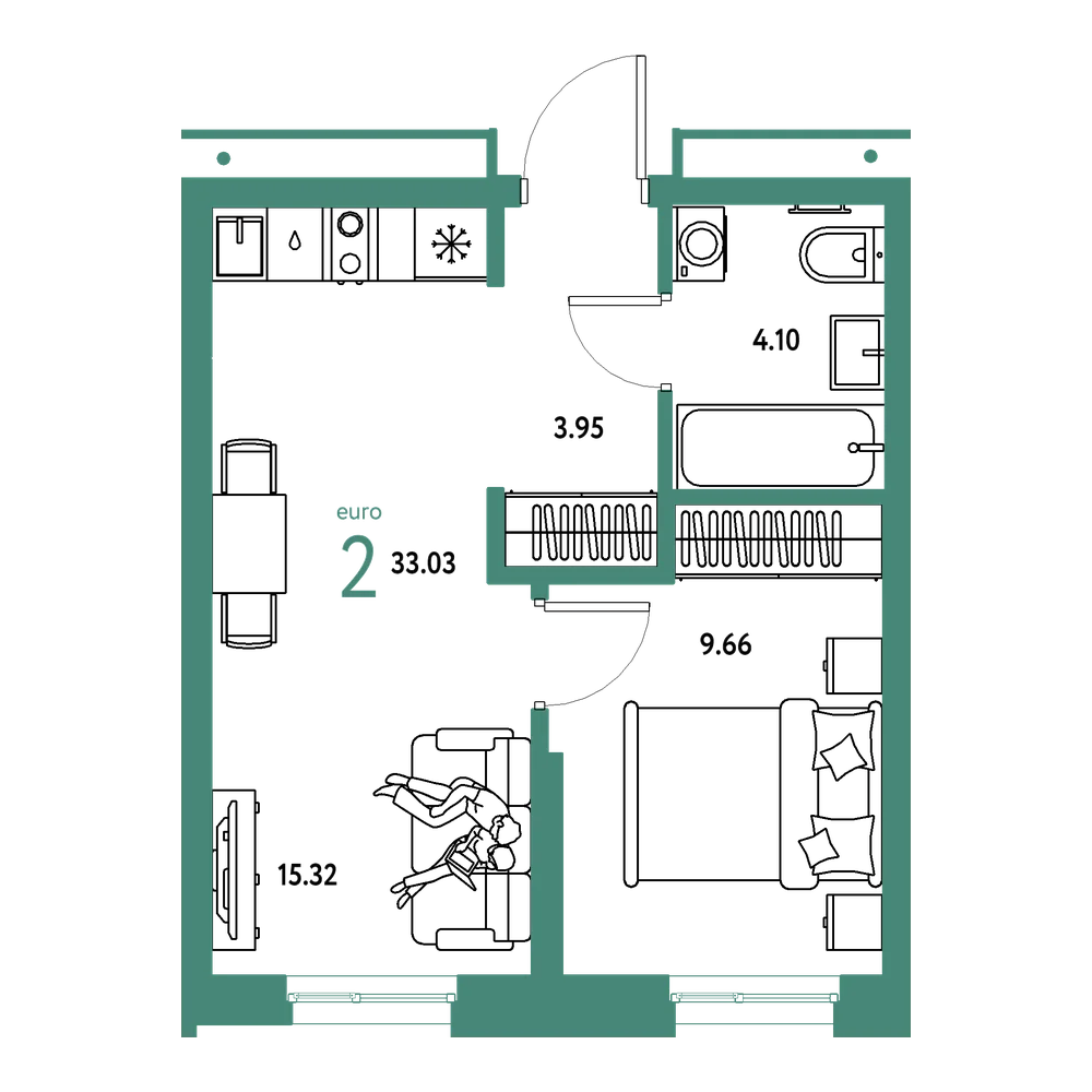 Планировка: Евродвушка 33,03 м²