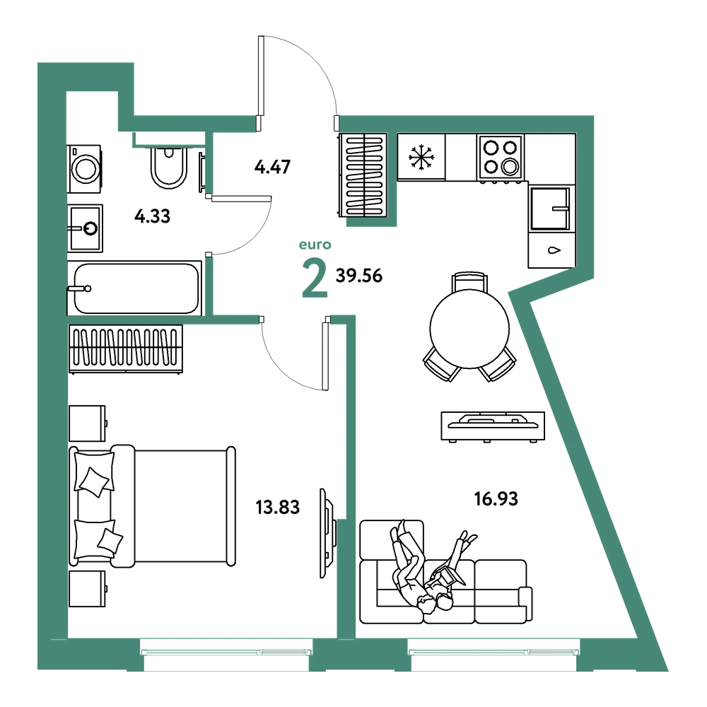 Планировка: Евродвушка 39,34 м²