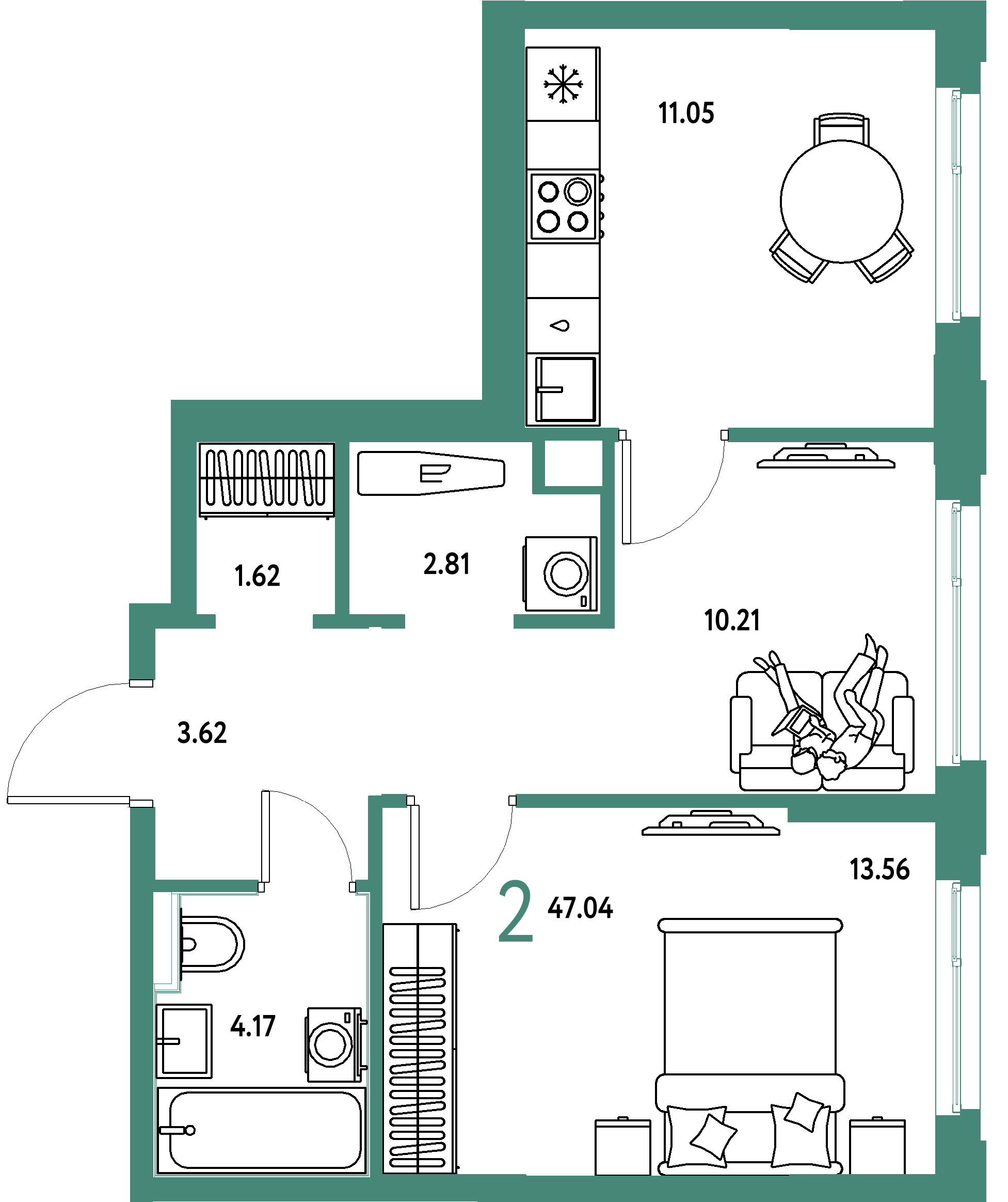 Планировка: 2-комнатная 47,04 м² в ЖК «Сердце Сибири»