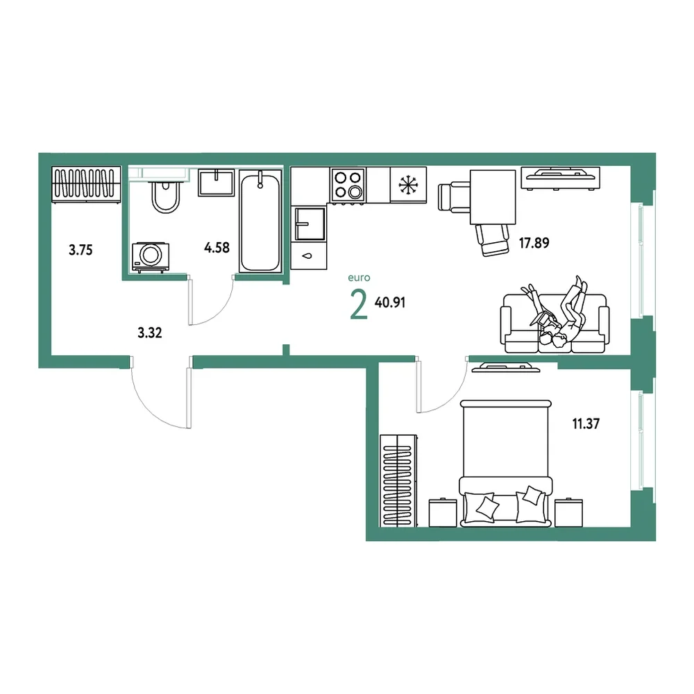 Планировка: Евродвушка 40,91 м²