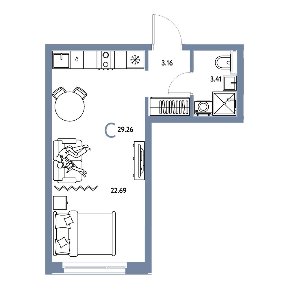Планировка: Студия 29,26 м²