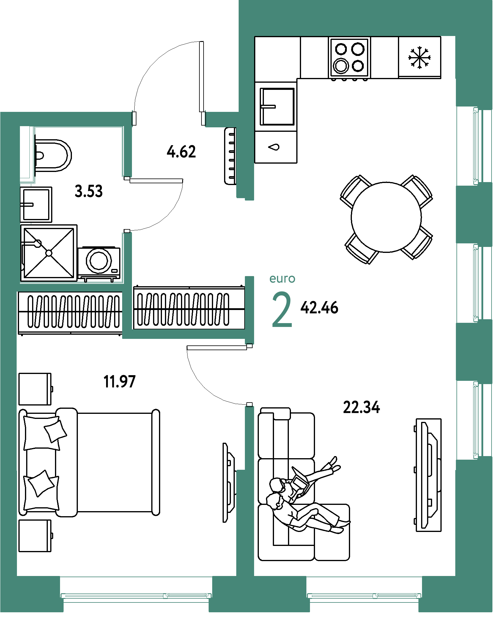 Планировка: Евродвушка 42,46 м² в ЖК «Остров-сад»