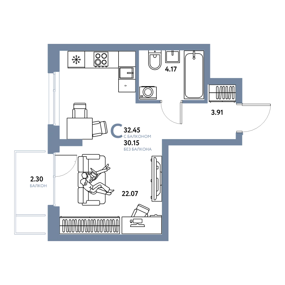 Планировка: Студия 32,45 м²