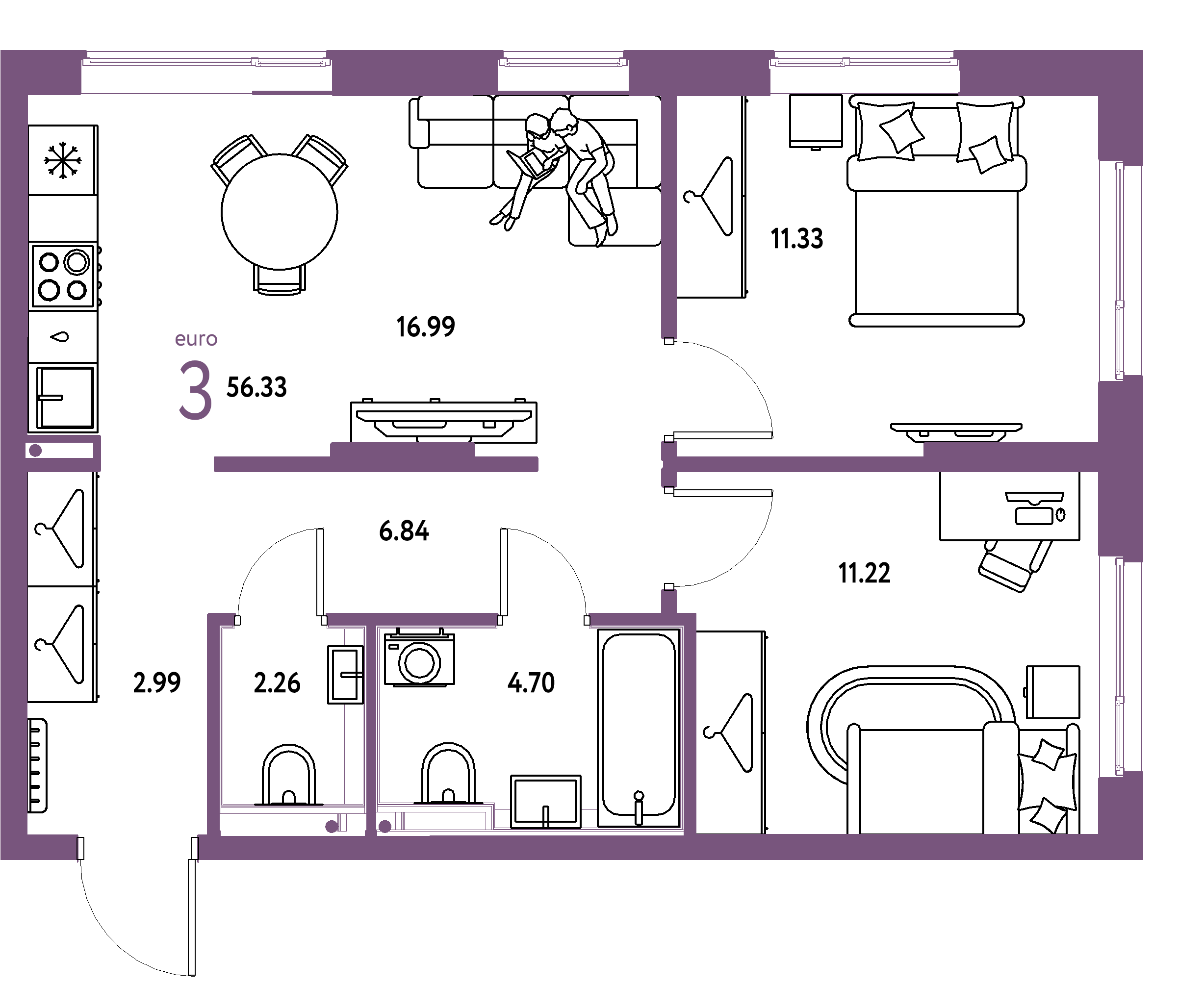 Планировка: Евротрёшка 56,33 м² в ЖК «Страна.Прибрежная»
