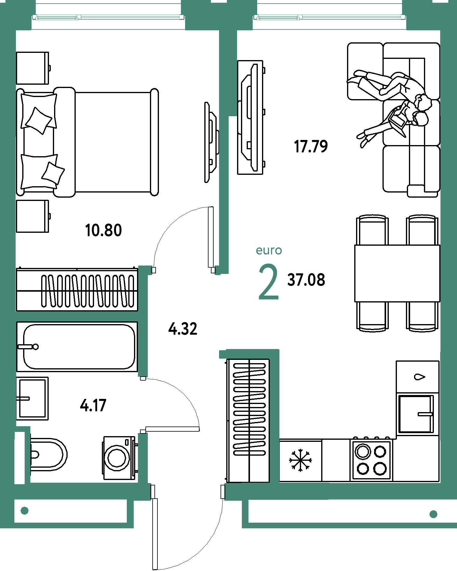 Планировка: Евродвушка 37,08 м² в ЖК «Страна.Прибрежная»